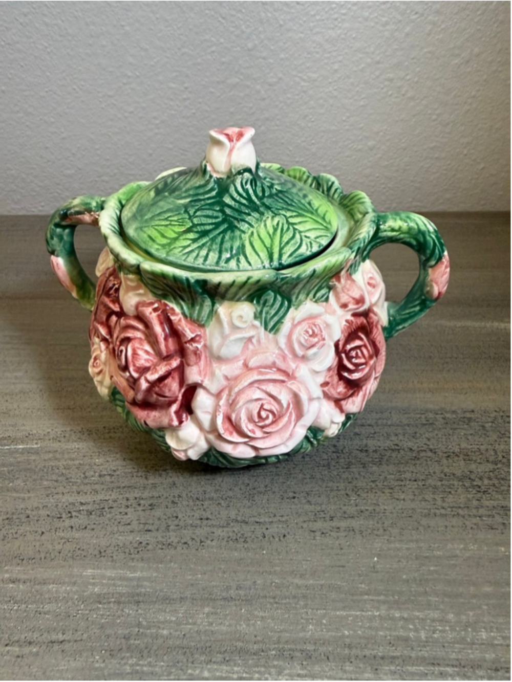 vintage high relief lidded sugar bowl Haldon Group 1987 "Rose" collection